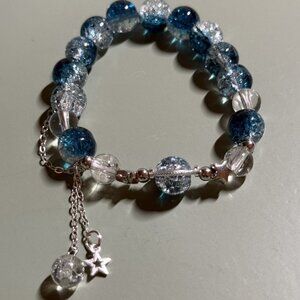 Brand New Blue Green Glass Bead Bracelet with Star Charm Chain Diameter 2''